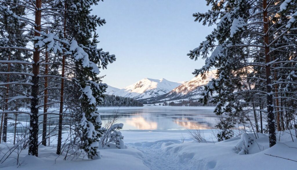 A serene winter landscape depicting the northern border between Norway and Finland, showcasing a pristine snow-covered forest. In the foreground, pine trees dusted with fresh snow create a natural frame, with soft, gentle sunlight filtering through the branches, casting delicate shadows on the ground. In the middle, a tranquil frozen lake reflects the icy blue sky, while distant snow-capped mountains rise majestically, hinting at the rugged terrain of the Scandinavian Peninsula. The atmosphere is calm and pristine, evoking a sense of solitude and connection to nature. Capture this scene with a wide-angle lens to emphasize the vastness of the landscape and use soft, diffused lighting to enhance the peaceful ambiance. A serene winter landscape depicting the northern border between Norway and Finland, showcasing a pristine snow-covered forest. In the foreground, pine trees dusted with fresh snow create a natural frame, with soft, gentle sunlight filtering through the branches, casting delicate shadows on the ground. In the middle, a tranquil frozen lake reflects the icy blue sky, while distant snow-capped mountains rise majestically, hinting at the rugged terrain of the Scandinavian Peninsula. The atmosphere is calm and pristine, evoking a sense of solitude and connection to nature. Capture this scene with a wide-angle lens to emphasize the vastness of the landscape and use soft, diffused lighting to enhance the peaceful ambiance.