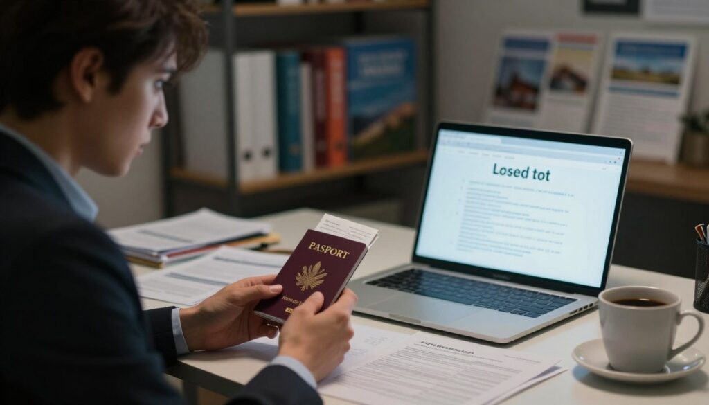 A somber office scene depicting the aftermath of lost travel documents. In the foreground, a concerned individual in professional attire, holding a crumpled passport and a phone, looking perplexed. The middle ground features a cluttered desk with an open laptop displaying information on lost documents, scattered papers, and a coffee cup, symbolizing urgency. The background should show a dimly lit room with shelves filled with travel guides and brochures. Soft, diffused lighting creates a reflective mood, hinting at the stress of traveling without essential documents. A shallow depth of field focuses on the individual, blurring the background, enhancing the seriousness of the situation.