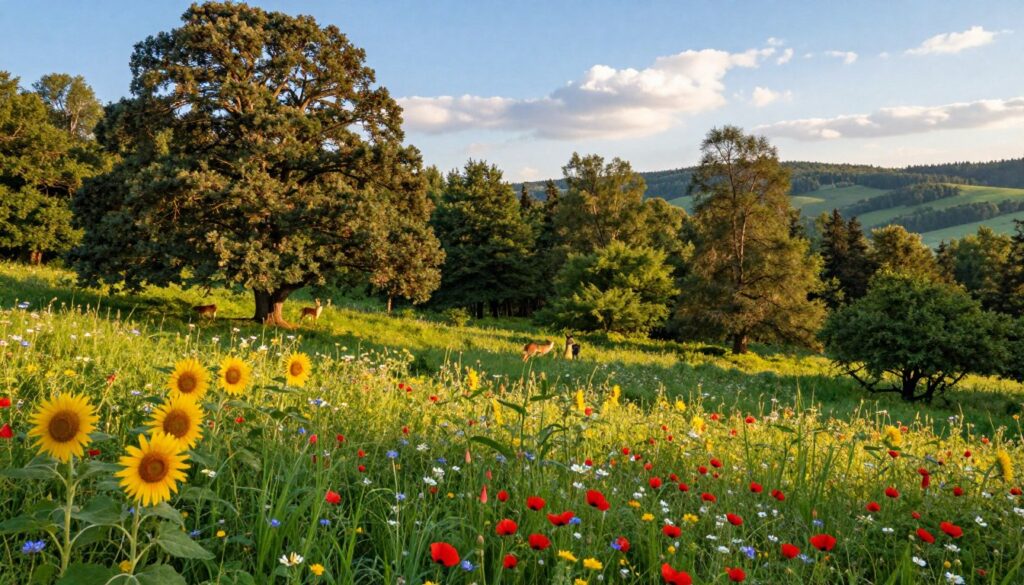 A stunning landscape showcasing the diverse flora and fauna of Ukraine's various regions. In the foreground, depict vibrant patches of wildflowers like sunflowers and poppies, interspersed with lush green grasses. In the middle ground, illustrate a serene scene of forests featuring oak and beech trees, while small animals like deer and foxes peek through the foliage. In the background, include rolling hills and a clear blue sky with soft white clouds. The lighting should be warm and natural, evoking a peaceful late afternoon atmosphere. Capture this in a wide-angle view to encompass the richness of Ukrainian ecosystems, emphasizing harmony between plant and animal life in a vibrant, colorful depiction. A stunning landscape showcasing the diverse flora and fauna of Ukraine's various regions. In the foreground, depict vibrant patches of wildflowers like sunflowers and poppies, interspersed with lush green grasses. In the middle ground, illustrate a serene scene of forests featuring oak and beech trees, while small animals like deer and foxes peek through the foliage. In the background, include rolling hills and a clear blue sky with soft white clouds. The lighting should be warm and natural, evoking a peaceful late afternoon atmosphere. Capture this in a wide-angle view to encompass the richness of Ukrainian ecosystems, emphasizing harmony between plant and animal life in a vibrant, colorful depiction.