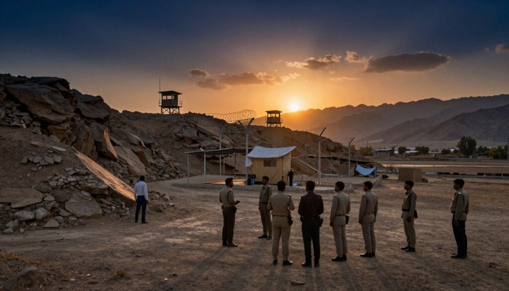 A tense and dramatic landscape depicting the border area between India and Pakistan, showcasing a rugged terrain where rocky hills meet arid plains. In the foreground, a small group of security personnel in professional attire diligently monitoring the area, reflecting the tense atmosphere of the border interactions. The middle ground features a makeshift observation post, with barbed wire and watchtowers silhouetted against the setting sun, casting long shadows. In the background, distant mountains create a stark backdrop, emphasizing the isolation of the region. The lighting is warm yet dramatic, with rich oranges and deep blues in the sky, creating an atmosphere of both vigilance and uncertainty. This image captures the essence of the strained relationships at this critical juncture.