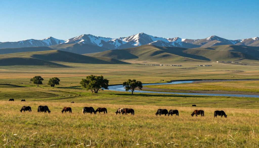A vast northern steppe, stretching endlessly under a clear blue sky, showcasing rolling hills covered in tall, wild grasses swaying gently in the breeze. In the foreground, a herd of grazing livestock, such as yaks and horses, adds life to the scene, their silhouettes contrasting against the vibrant green landscape. The middle ground features a few scattered trees, their leafy canopies providing shade, while a winding river glimmers in the sunlight, reflecting the serene atmosphere. In the background, majestic mountains rise, their peaks capped with snow, creating a stunning backdrop that embodies the rugged beauty of the northern regions. Soft, golden sunlight casts long shadows, enhancing the tranquil and expansive feel of the steppe, evoking a sense of peace and unspoiled nature.