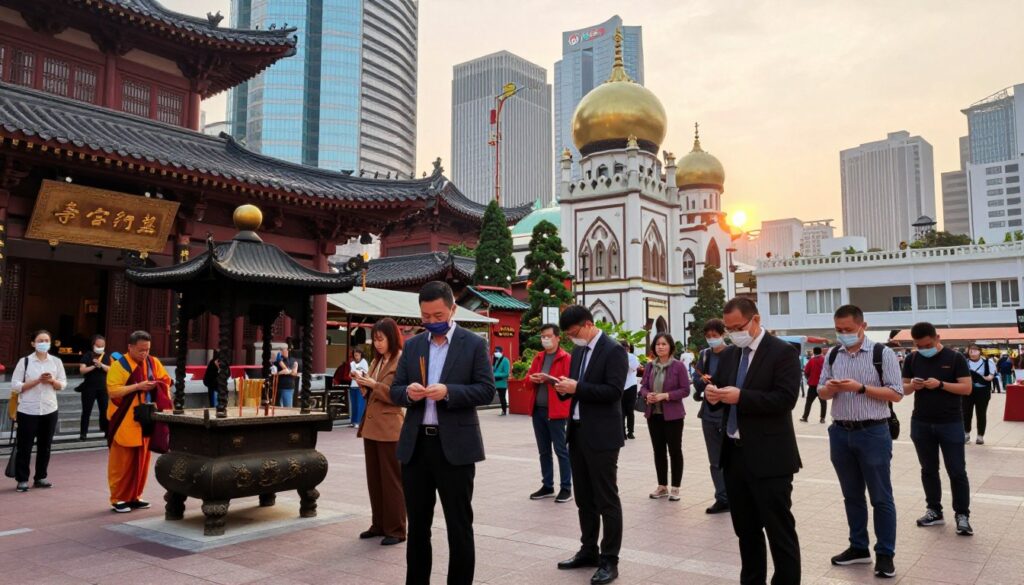 A vibrant and dynamic street scene in modern Hong Kong showcasing the role of religion in daily life. In the foreground, a diverse group of people dressed in professional business attire and modest casual clothing engage in various activities, such as lighting incense at a small temple, participating in group prayer, and discussing spirituality. The middle ground features traditional and contemporary architectural elements, including a Buddhist temple, a church, and a mosque, all harmoniously coexisting. The background presents a bustling cityscape with skyscrapers under soft, warm lighting as the sun sets, casting a golden glow. The atmosphere is reflective and serene, embodying a sense of community and reverence amidst the modern hustle and bustle of city life. Capture this moment with a slightly tilted angle to create depth and movement, evoking the vibrant spirit of Hong Kong's diverse culture.