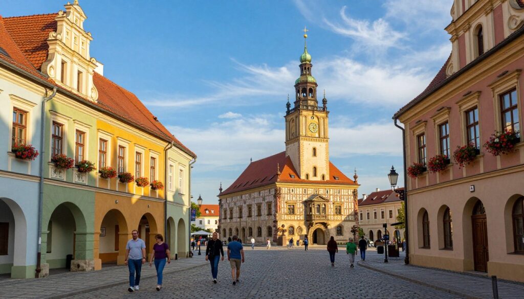A vibrant cityscape showcasing the unique architecture of Bolesławiec, focusing on its historic buildings and landmarks. In the foreground, intricately designed facades of colorful, half-timbered houses with flower boxes. The middle ground features a cobblestone street bustling with people in modest casual clothing, walking, and enjoying the scenery. In the background, a striking view of a classic town hall with a prominent clock tower, bathed in warm late afternoon sunlight. Soft shadows play across the architecture, enhancing the visual depth. The sky is a brilliant blue with wispy clouds, conveying a peaceful and inviting atmosphere, ideal for exploring the rich history of the area. A vibrant cityscape showcasing the unique architecture of Bolesławiec, focusing on its historic buildings and landmarks. In the foreground, intricately designed facades of colorful, half-timbered houses with flower boxes. The middle ground features a cobblestone street bustling with people in modest casual clothing, walking, and enjoying the scenery. In the background, a striking view of a classic town hall with a prominent clock tower, bathed in warm late afternoon sunlight. Soft shadows play across the architecture, enhancing the visual depth. The sky is a brilliant blue with wispy clouds, conveying a peaceful and inviting atmosphere, ideal for exploring the rich history of the area.