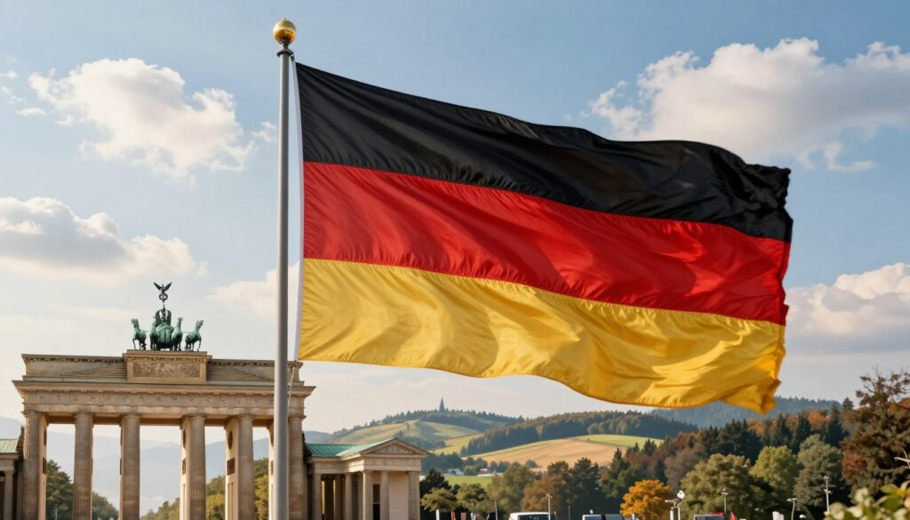 A vibrant composition showcasing the national symbols of Germany. In the foreground, the majestic black, red, and gold German flag waves gracefully with dynamic movement. Surrounding it are iconic representations of German heritage, including the Brandenburg Gate and a stylized eagle, symbolizing strength and freedom. In the middle ground, a picturesque landscape of rolling hills and forests can be seen, reflecting Germany’s diverse geography. The background features a serene blue sky with fluffy white clouds, suggesting a peaceful atmosphere. Soft, warm lighting bathes the scene, creating an uplifting mood. The viewpoint is slightly elevated, allowing a panoramic view that enhances the grandeur of the symbols. No other objects or text; the focus is solely on these powerful emblems of national pride. A vibrant composition showcasing the national symbols of Germany. In the foreground, the majestic black, red, and gold German flag waves gracefully with dynamic movement. Surrounding it are iconic representations of German heritage, including the Brandenburg Gate and a stylized eagle, symbolizing strength and freedom. In the middle ground, a picturesque landscape of rolling hills and forests can be seen, reflecting Germany’s diverse geography. The background features a serene blue sky with fluffy white clouds, suggesting a peaceful atmosphere. Soft, warm lighting bathes the scene, creating an uplifting mood. The viewpoint is slightly elevated, allowing a panoramic view that enhances the grandeur of the symbols. No other objects or text; the focus is solely on these powerful emblems of national pride.