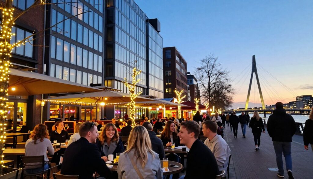 A vibrant evening scene of Centrum Rotterdam, showcasing a bustling street filled with people enjoying nightlife. In the foreground, a diverse group of young adults in casual yet stylish attire laugh and converse at outdoor café tables, illuminated by the warm glow of decorative lights. In the middle ground, modern architecture towers with reflective glass façades, housing trendy restaurants and bars, each exuding a lively ambiance. The background features the iconic Erasmus Bridge subtly lit against a twilight sky, creating a striking silhouette. The image should capture a dynamic and festive mood, with soft, warm lighting enhancing the inviting atmosphere. Use a wide-angle lens to emphasize the lively street scene and bustling activity, ensuring a vibrant yet cozy feel that illustrates the culinary and nightlife charm of Rotterdam.