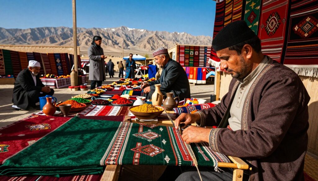 A vibrant marketplace scene in the Silk Road region, showcasing traditional textiles, pottery, and spices. In the foreground, a skilled artisan hand-weaving intricate patterns on a loom, surrounded by rich fabrics in deep colors like emerald green and ruby red. The middle ground features local merchants engaged in lively conversations, their stands adorned with colorful goods. In the background, majestic mountains under a bright azure sky, hinting at the vastness of Central Asia. The lighting is warm and inviting, casting gentle shadows that enhance the textures. The atmosphere is bustling yet harmonious, reflecting a blend of cultural heritage and modernity, capturing the essence of Silk Road legacy in the region’s culture. A vibrant marketplace scene in the Silk Road region, showcasing traditional textiles, pottery, and spices. In the foreground, a skilled artisan hand-weaving intricate patterns on a loom, surrounded by rich fabrics in deep colors like emerald green and ruby red. The middle ground features local merchants engaged in lively conversations, their stands adorned with colorful goods. In the background, majestic mountains under a bright azure sky, hinting at the vastness of Central Asia. The lighting is warm and inviting, casting gentle shadows that enhance the textures. The atmosphere is bustling yet harmonious, reflecting a blend of cultural heritage and modernity, capturing the essence of Silk Road legacy in the region’s culture.