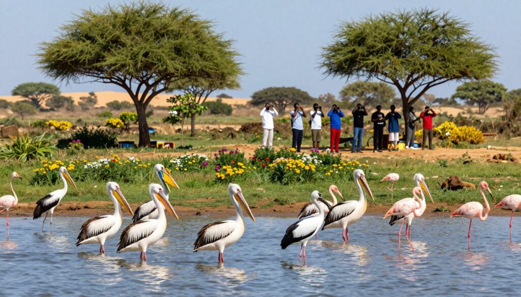 A vibrant scene capturing the breathtaking diversity of birdlife at Djoudj National Bird Sanctuary in Senegal. In the foreground, a variety of colorful birds such as pelicans, storks, and flamingos wade gracefully in shallow waters, their reflections shimmering on the surface. In the middle, lush greenery and patches of blooming flowers create a rich habitat, with a few scattered trees providing shade, while a group of people in modest casual clothing observe the birds with binoculars, blending seamlessly into the environment. The background features a serene landscape of wetlands under a clear blue sky, with hints of distant sand dunes. The lighting is bright and warm, suggesting a sunny day, capturing the beauty and tranquility of this UNESCO World Heritage site. The overall mood is peaceful and enchanting, ideal for showcasing the wonders of nature. A vibrant scene capturing the breathtaking diversity of birdlife at Djoudj National Bird Sanctuary in Senegal. In the foreground, a variety of colorful birds such as pelicans, storks, and flamingos wade gracefully in shallow waters, their reflections shimmering on the surface. In the middle, lush greenery and patches of blooming flowers create a rich habitat, with a few scattered trees providing shade, while a group of people in modest casual clothing observe the birds with binoculars, blending seamlessly into the environment. The background features a serene landscape of wetlands under a clear blue sky, with hints of distant sand dunes. The lighting is bright and warm, suggesting a sunny day, capturing the beauty and tranquility of this UNESCO World Heritage site. The overall mood is peaceful and enchanting, ideal for showcasing the wonders of nature.