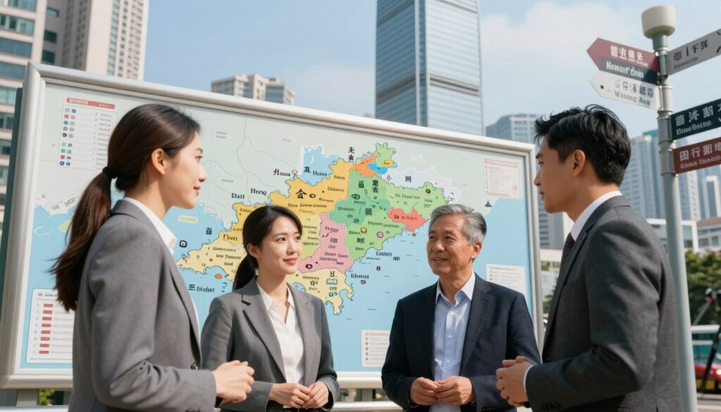 A vibrant scene capturing the essence of official languages in Hong Kong. In the foreground, a diverse group of three professionals—two Chinese individuals and one English-speaking expatriate—are engaged in a conversation, wearing smart business attire. The middle ground features a large map of Hong Kong with symbols representing different languages: Chinese characters, and English letters, visually illustrating the linguistic diversity. In the background, iconic Hong Kong skyscrapers rise against a clear blue sky, while traditional street signs in both Chinese and English reflect the city’s multicultural framework. The lighting is bright and inviting, creating an atmosphere of warmth and openness, with soft shadows adding depth. The perspective is slightly angled, giving a dynamic view that emphasizes the urban environment and its rich linguistic tapestry.