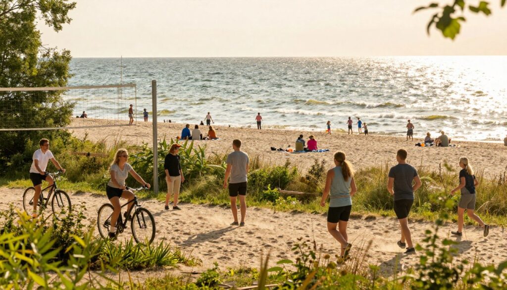 A vibrant scene depicting active leisure at Jastrzębia Góra, Poland, near the Baltic Sea. In the foreground, a diverse group of people in modest casual clothing are engaging in various outdoor activities like cycling, beach volleyball, and jogging. They are surrounded by lush greenery and sandy paths. The middle ground features a panoramic view of the beach, where families are enjoying picnics and children are playing by the water, reflecting joy and vitality. In the background, the gentle waves of the Baltic Sea glisten under a warm, golden sunset, casting a soft glow over the scene. The image should have a bright and inviting atmosphere, with soft focus and a slightly elevated angle to capture the expansiveness of the beach and the joy of outdoor activities.