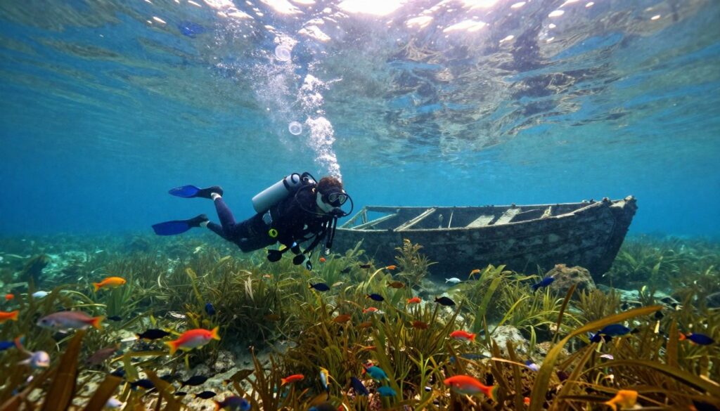 A vibrant underwater scene showcasing the diving attractions of Lake Hańcza. In the foreground, a diver in professional diving gear explores a vivid underwater landscape filled with colorful freshwater fish and lush aquatic plants. In the middle ground, remnants of submerged structures, such as old wooden boats or rocky formations, add intrigue and depth. The background features sunlight filtering through the water's surface, creating shimmering patterns and illuminating the underwater world. Capture a serene, enchanting atmosphere with a soft focus effect to emphasize the tranquility of the deep. The image should have a wide-angle perspective to showcase the vastness of the underwater scenery, inviting viewers into the aquatic adventure. A vibrant underwater scene showcasing the diving attractions of Lake Hańcza. In the foreground, a diver in professional diving gear explores a vivid underwater landscape filled with colorful freshwater fish and lush aquatic plants. In the middle ground, remnants of submerged structures, such as old wooden boats or rocky formations, add intrigue and depth. The background features sunlight filtering through the water's surface, creating shimmering patterns and illuminating the underwater world. Capture a serene, enchanting atmosphere with a soft focus effect to emphasize the tranquility of the deep. The image should have a wide-angle perspective to showcase the vastness of the underwater scenery, inviting viewers into the aquatic adventure.