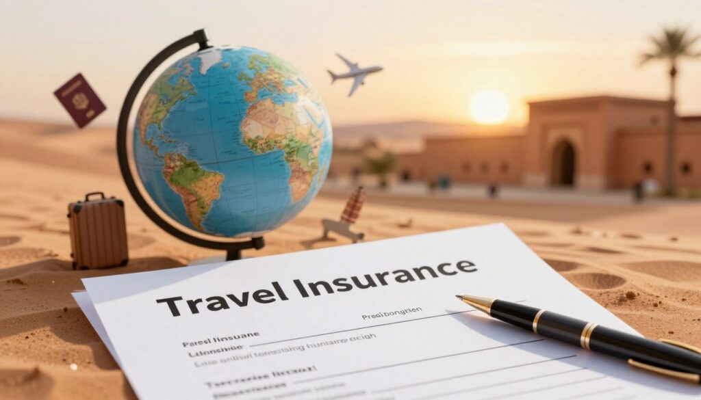 A visually engaging illustration representing the concept of travel insurance. The foreground features a professional-looking travel insurance document with a polished pen resting beside it, emphasizing the importance of safety during travels. In the middle ground, there is a globe, symbolizing global travel, with various travel-related icons such as a passport, suitcase, and airplane subtly integrated around it. The background showcases a serene travel landscape depicting Morocco's iconic architecture and desert scene at sunset, casting warm, golden light over the entire image. The overall mood is reassuring and inviting, highlighting the importance of being prepared and safe while exploring new destinations. The image should have a soft-focus effect, enhancing the feeling of tranquility and security. A visually engaging illustration representing the concept of travel insurance. The foreground features a professional-looking travel insurance document with a polished pen resting beside it, emphasizing the importance of safety during travels. In the middle ground, there is a globe, symbolizing global travel, with various travel-related icons such as a passport, suitcase, and airplane subtly integrated around it. The background showcases a serene travel landscape depicting Morocco's iconic architecture and desert scene at sunset, casting warm, golden light over the entire image. The overall mood is reassuring and inviting, highlighting the importance of being prepared and safe while exploring new destinations. The image should have a soft-focus effect, enhancing the feeling of tranquility and security.