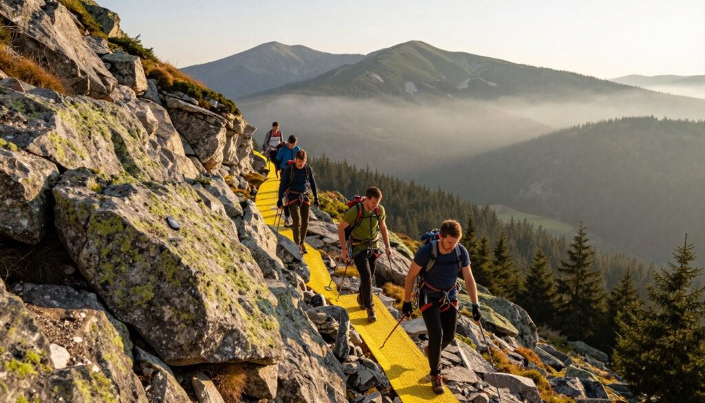 A vivid depiction of Perć Akademików, the yellow trail on Babia Góra, showcasing its challenging technical terrain. In the foreground, rugged rocky outcrops, partially covered with green moss, frame the path, which winds upward with steep inclines. The middle ground features climbers in modest outdoor gear, carefully navigating the trail, their expressions focused and determined. The background showcases the breathtaking panorama of the Babia Góra national park, with distant peaks shrouded in mist and patches of evergreen forest below. Captured during golden hour, warm sunlight bathes the scene, casting dynamic shadows and enhancing the textures of the rocks. The mood is one of adventure and determination, inviting viewers to feel the thrill of exploring this remarkable alpine path.