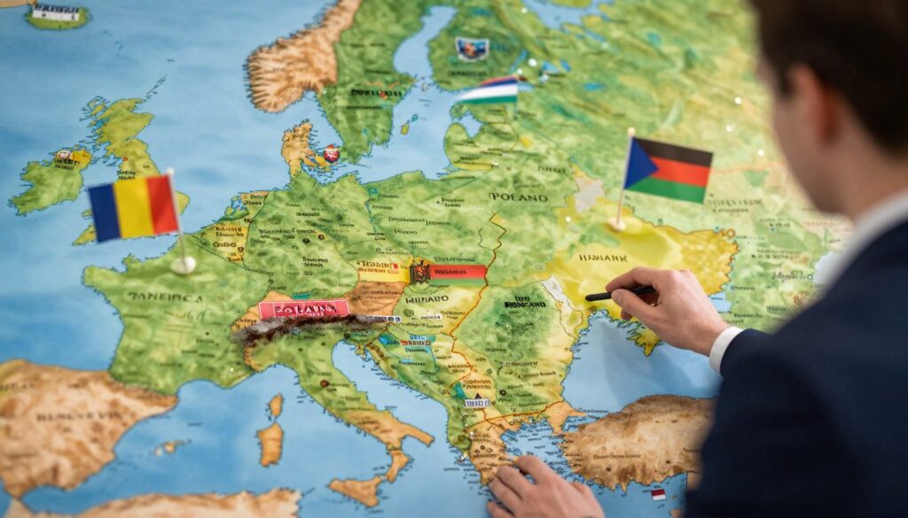 A vivid map of Ukraine with highlighted borders showcases its eastern and southern neighbors, including Poland, Slovakia, Hungary, Romania, Belarus, and Moldova. The map is elegantly designed with rich colors and detailed topography, emphasizing major cities and significant landmarks. In the foreground, a professional figure is analyzing the map, dressed in business attire, symbolizing diplomatic relations. The middle layer features national flags of neighboring countries gently waving, suggesting collaboration and connection. The background is a soft gradient of blue and green, representing peace and stability. The lighting is warm and inviting, creating a sense of optimism and openness, with a slight focus on the interactive elements of the map, portraying the complexity of relationships in this region. A vivid map of Ukraine with highlighted borders showcases its eastern and southern neighbors, including Poland, Slovakia, Hungary, Romania, Belarus, and Moldova. The map is elegantly designed with rich colors and detailed topography, emphasizing major cities and significant landmarks. In the foreground, a professional figure is analyzing the map, dressed in business attire, symbolizing diplomatic relations. The middle layer features national flags of neighboring countries gently waving, suggesting collaboration and connection. The background is a soft gradient of blue and green, representing peace and stability. The lighting is warm and inviting, creating a sense of optimism and openness, with a slight focus on the interactive elements of the map, portraying the complexity of relationships in this region.