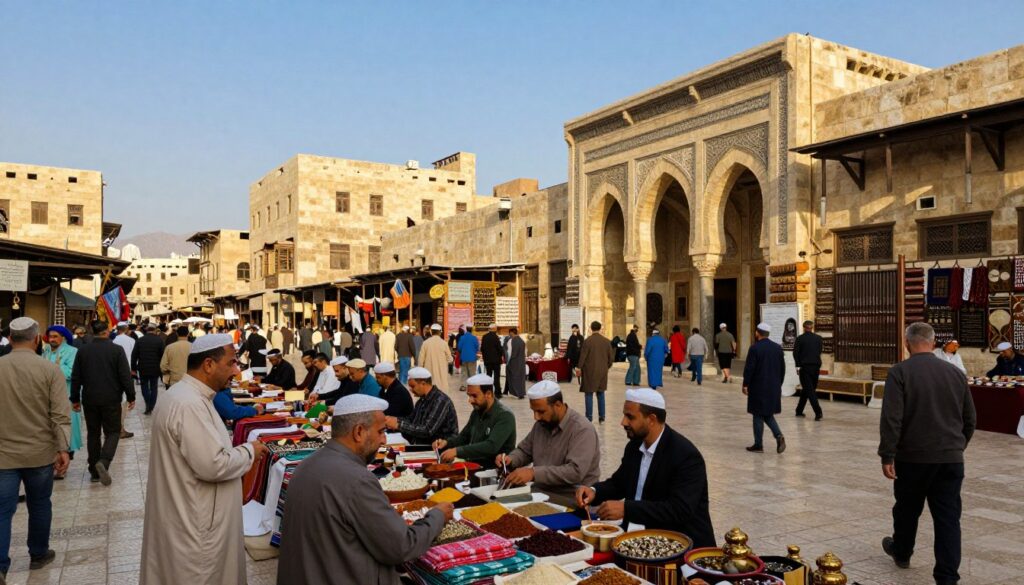 A vivid representation of ancient trade roots centered around the bustling marketplace of Aleppo. In the foreground, merchants in professional attire engage in lively trade, displaying colorful fabrics, spices, and handcrafted goods. In the middle ground, a diverse crowd reflects the cultural richness of the region, with intricately designed arches and historical structures symbolizing Aleppo’s significance on trade routes. The background showcases a sunlit skyline of ancient buildings, with the hint of distant mountains under a clear blue sky. Soft, warm lighting enhances the atmosphere, evoking a sense of history and vitality. Capture a dynamic angle that gives depth to the scene, bringing the viewer into the heart of Aleppo's vibrant trading past.