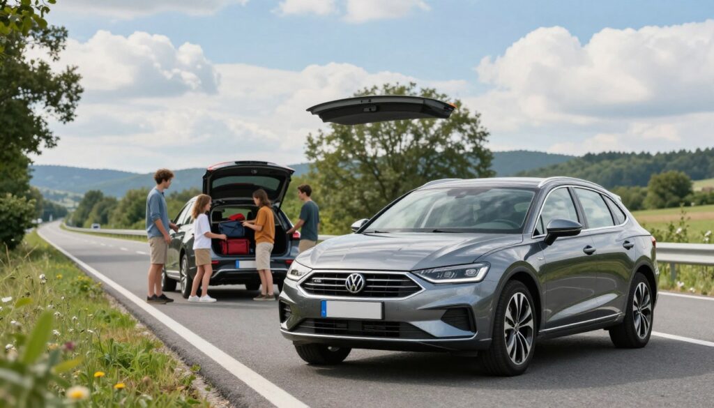 A well-prepared car ready for a road trip to Hungary, positioned prominently in the foreground, showcasing its sleek design and gleaming paint. In the middle ground, a family in modest casual clothing can be seen loading luggage into the trunk, demonstrating the preparation for travel. The background features a picturesque highway lined with lush greenery and distant hills, reflecting a sunny day with blue skies and fluffy clouds. The scene is illuminated by soft, natural lighting, capturing the essence of adventure and anticipation. The angle is slightly elevated, offering a dynamic view of the car and surroundings, creating an inviting and cheerful atmosphere suitable for a travel preparation theme. A well-prepared car ready for a road trip to Hungary, positioned prominently in the foreground, showcasing its sleek design and gleaming paint. In the middle ground, a family in modest casual clothing can be seen loading luggage into the trunk, demonstrating the preparation for travel. The background features a picturesque highway lined with lush greenery and distant hills, reflecting a sunny day with blue skies and fluffy clouds. The scene is illuminated by soft, natural lighting, capturing the essence of adventure and anticipation. The angle is slightly elevated, offering a dynamic view of the car and surroundings, creating an inviting and cheerful atmosphere suitable for a travel preparation theme.