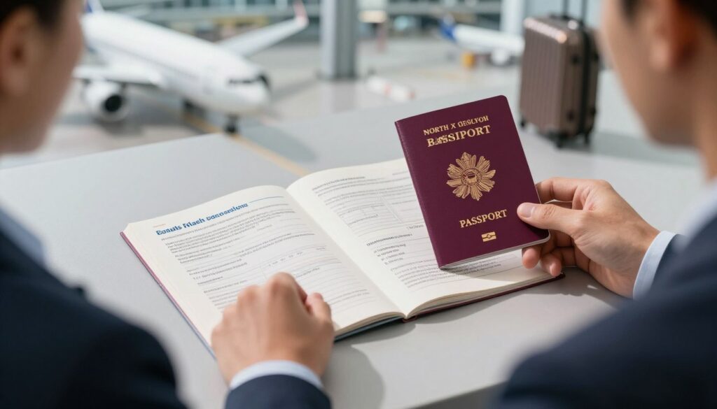 An informative composition showcasing the essential validity of identity documents needed for travel. In the foreground, a professional individual in business attire examines a passport against a backdrop of an airport setting, symbolizing the anticipation of travel to North Macedonia. The middle ground features a detailed open passport and travel documents spread out on a sleek surface, demonstrating the importance of having valid paperwork. In the background, soft-focus airplane silhouettes and luggage evoke a sense of readiness for a journey. The lighting is bright and inviting, casting soft shadows that create a warm, encouraging atmosphere, ideal for highlighting the significance of having well-prepared and valid travel documents. The angle is slightly elevated, providing a clear view of the passport and documents while emphasizing the background elements.